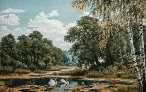 Пейзаж с лебедями - Гобелен (в раме)  